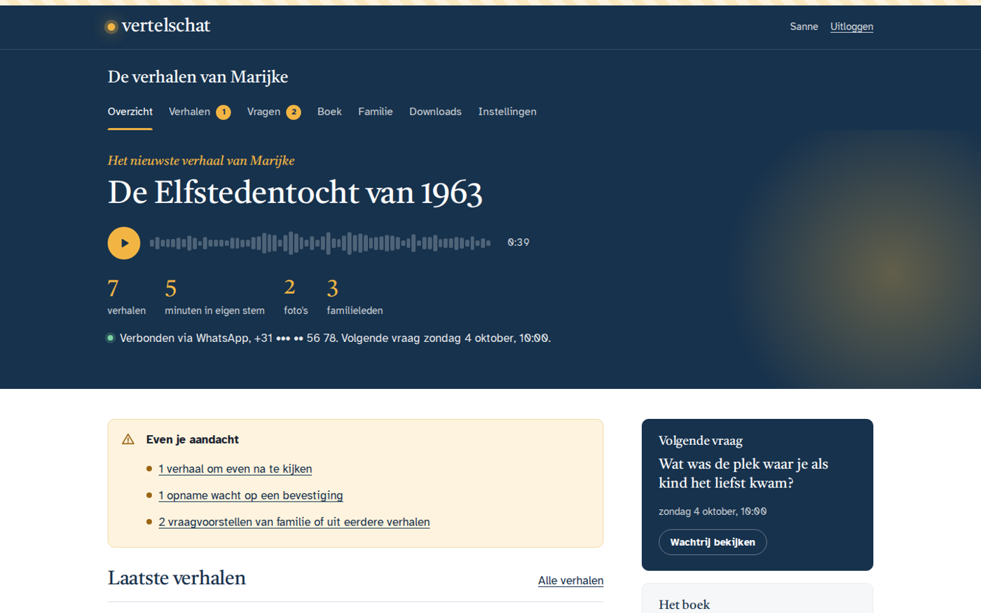 Het overzicht in de familie-app met het nieuwste verhaal
